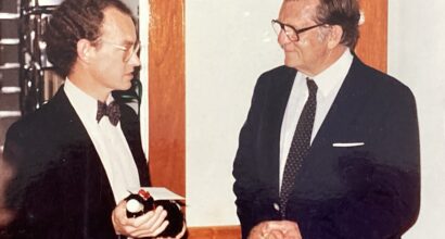 Craig Boaden makes presentation to ACL Patron Morris West at ACL Official Opening 28 Oct 1983